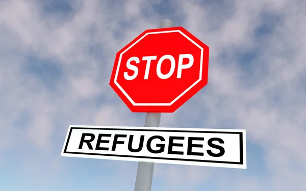 Das Verkehrsschild mit dem Text stop refugees. — Stockfoto