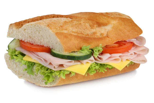 Sub baguete sanduíche com presunto para o café da manhã isolado — Fotografia de Stock