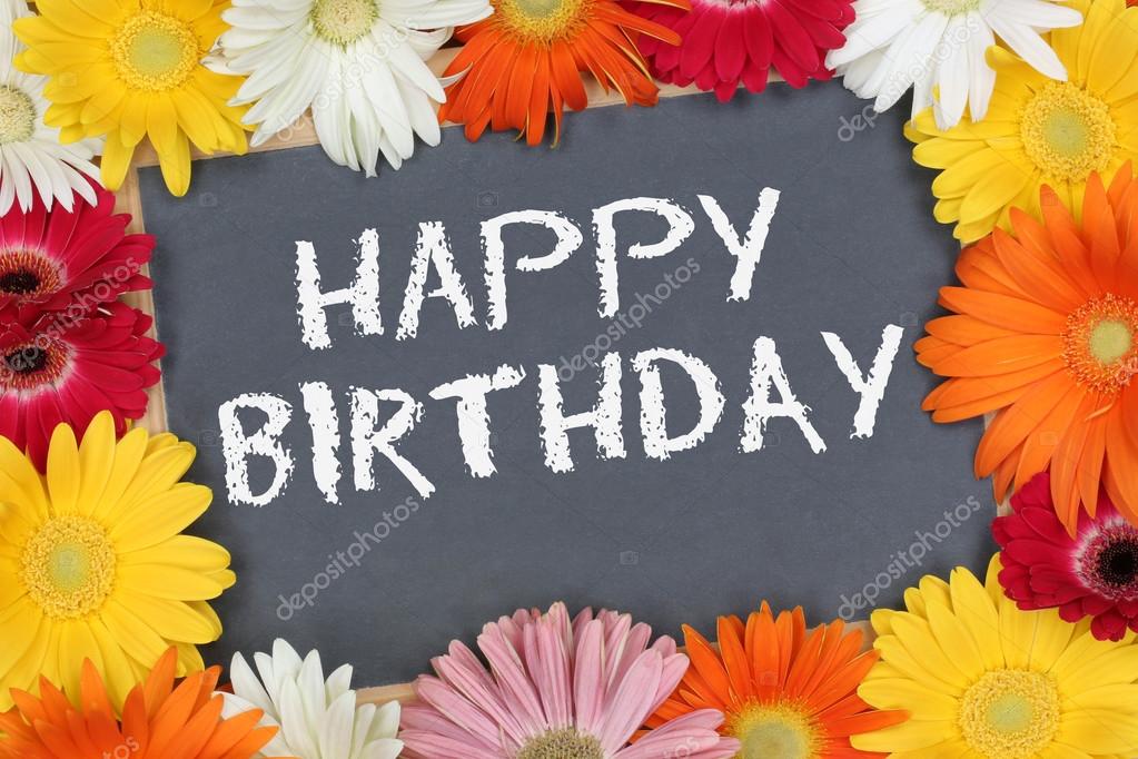 Happy Birthday card garden with colorful flowers flower
