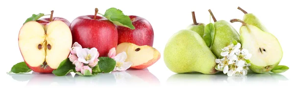 Maçã e pêra maçãs pêras fruta vermelho frutas verdes fatia isolar — Fotografia de Stock