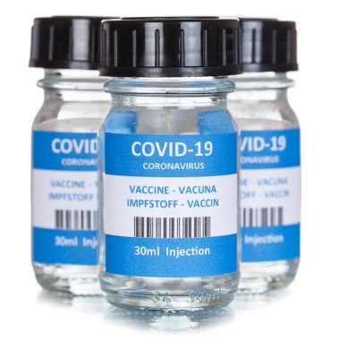 Coronavirus aşı şişesi Corona Virüs COVID-19 Covid aşıları beyaz kare şişelerde izole edildi