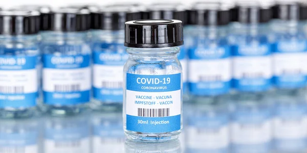 Coronavirus Aşı Şişesi Corona Virüs Covid Covid Aşıları Kopyalanmış Uzay — Stok fotoğraf
