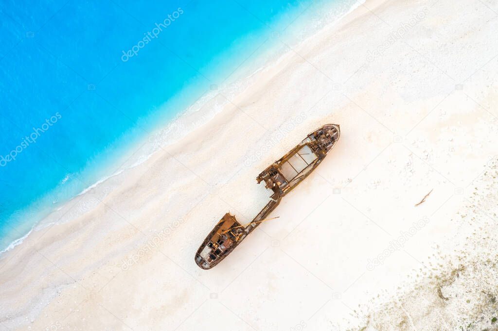 Zakynthos island Greece shipwreck Navagio beach travel vacation background drone view aerial photo photography