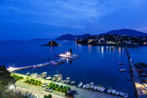 Corfú Grecia Septiembre 2020 Vlachernon Vlacherna Iglesia Noche Kanoni Isla —  Fotos de Stock