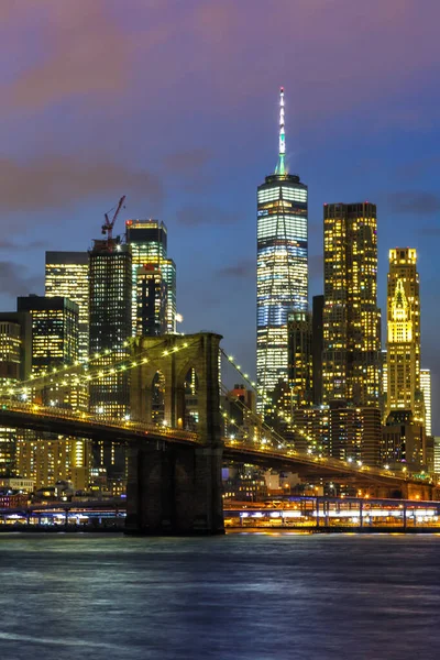 New York City Skyline Night Manhattan Town Brooklyn Bridge World — Stock Photo, Image