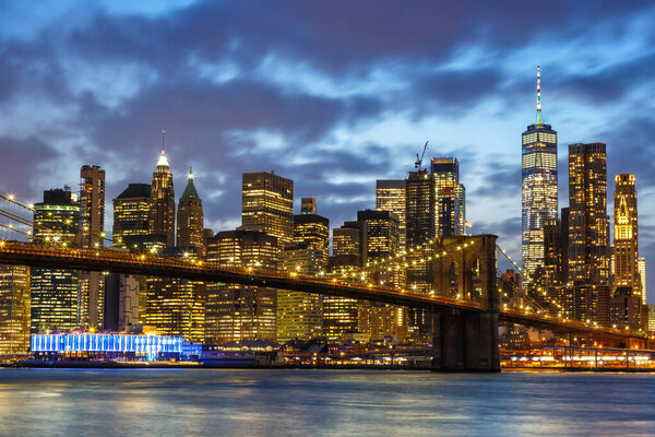 New York City skyline night Manhattan town Brooklyn Bridge USA twilight World Trade Center travel