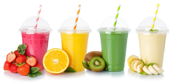 Vers Vruchtensap Smoothies Sinaasappeldrank Bekers Gezond Eten Geïsoleerd Een Witte — Stockfoto