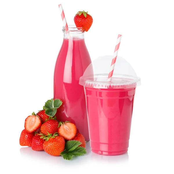 Vruchtensap Drinken Aardbeien Smoothie Aardbeien Een Fles Kopje Geïsoleerd Een — Stockfoto