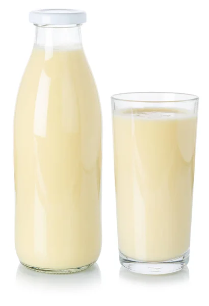 Milk Drink Milkshake Μπουκάλι Και Ποτήρι Που Απομονώνονται Λευκό Φόντο — Φωτογραφία Αρχείου