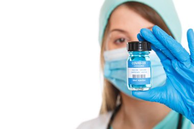 Coronavirus aşı şişesi Corona Virüs COVID-19 doktor Covid aşıları beyaz arka planda izole edildi.