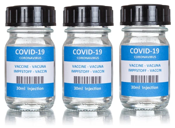コロナウイルスワクチンボトルコロナウイルスCovid 19白いボトルに隔離されたコヴィドワクチン — ストック写真