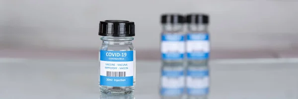 Coronavirus Aşı Şişesi Corona Virüs Covid Covid Aşıları Kopyalanmış Uzay — Stok fotoğraf