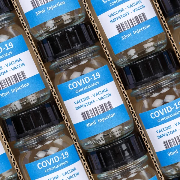 Coronavirus疫苗瓶Corona Virus Covid Covid疫苗盒背景方块瓶 — 图库照片