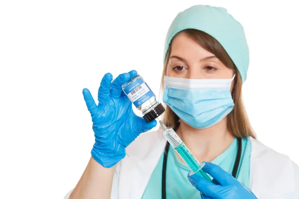 コロナウイルスワクチンボトルコロナウイルス注射器医師Covid 19白い背景に隔離されたコヴィドワクチン — ストック写真