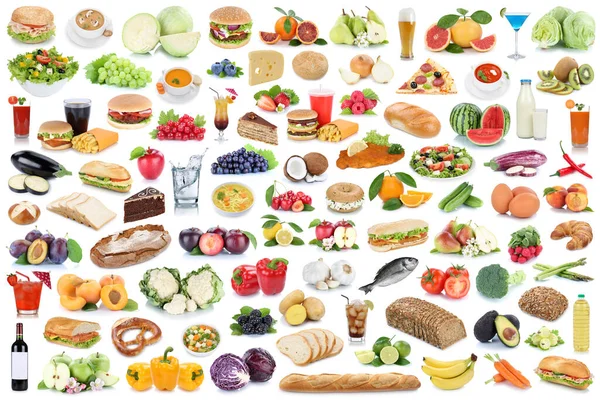 Food and drink collection background collage healthy eating fruits vegetables fruit drinks isolated on a white background