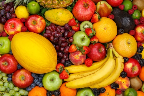 Fondo Alimentario Frutas Recolección Manzanas Bayas Plátano Naranjas Fruta Fondos — Foto de Stock