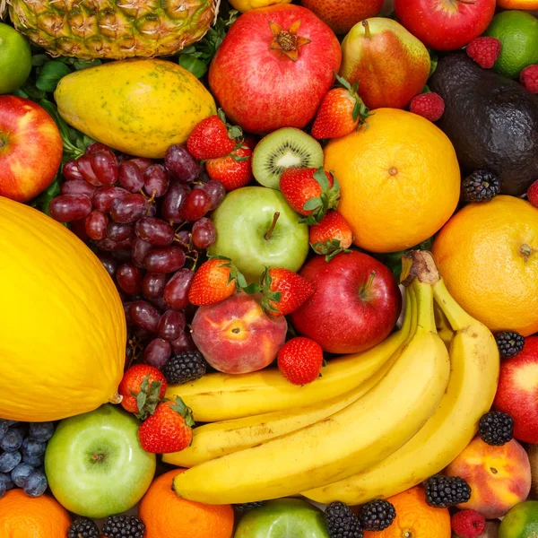Fundo Alimentar Coleta Frutas Maçãs Bagas Banana Laranjas Quadradas Fundos — Fotografia de Stock