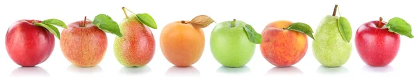 苹果梨子果实梨子新鲜的水果桃子在白色的背景上排成一排 — 图库照片