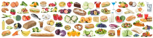 Τρόφιμα Και Ποτά Συλλογή Φόντο Κολάζ Υγιεινή Διατροφή Φρούτα Banner — Φωτογραφία Αρχείου