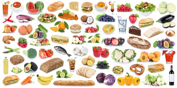 食物和饮料收集背景拼贴健康饮食全景水果蔬菜饮料隔离在白色背景下 — 图库照片