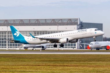 Munich, Germany - October 21, 2020 Air Dolomiti Embraer ERJ 195 airplane at Munich Airport (MUC) in Germany.