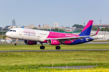 Warsaw, Poland - May 26, 2019 Wizzair Airbus A321 airplane at Warsaw Warszawa Airport (WAW) in Poland. Airbus is a European aircraft manufacturer based in Toulouse, France.