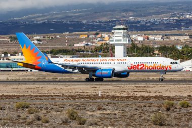 Tenerife, Spain - November 23, 2019 Jet2 Boeing 757-200 airplane at Tenerife South Airport in Spain. Boeing is an American aircraft manufacturer headquartered in Chicago.