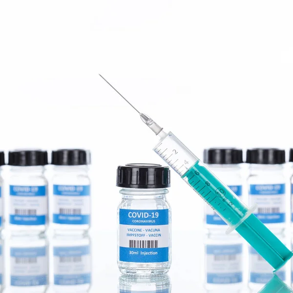 Coronavirus Vaccin Fles Corona Virus Spuit Covid Covid Vaccins Vierkante — Stockfoto