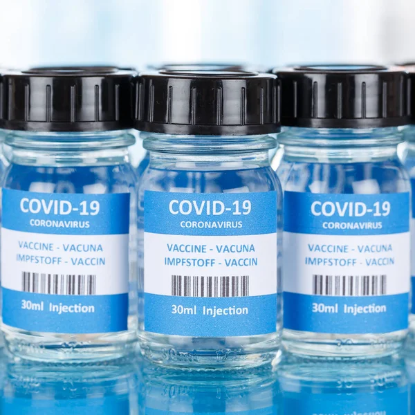 Coronavirus Vaccine Bottle Corona Virus Covid Covid Vaccines Square Bottles — Stock Photo, Image