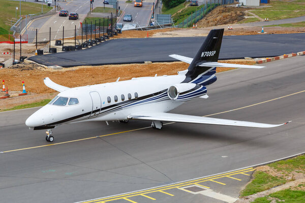 Luton, United Kingdom - July 9, 2019 Cessna 680A Citation Latitude airplane at London Luton Airport in the United Kingdom.