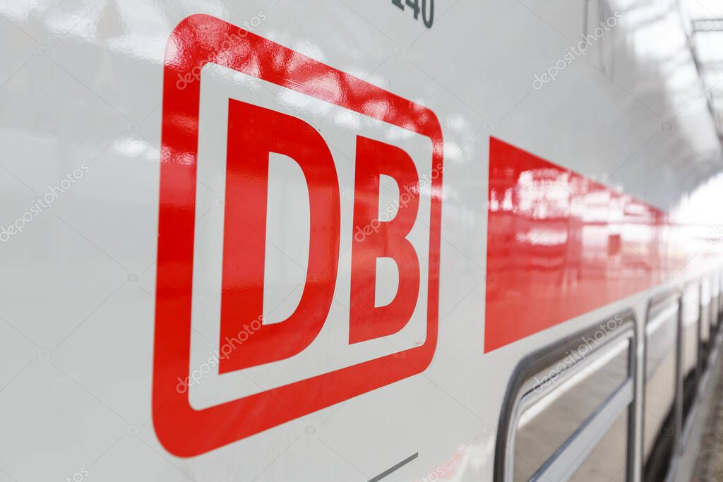 Leipzig, Germany - August 19, 2020 DB logo Deutsche Bahn German railways IC2 Intercity 2 train at Leipzig main station railway in Germany.