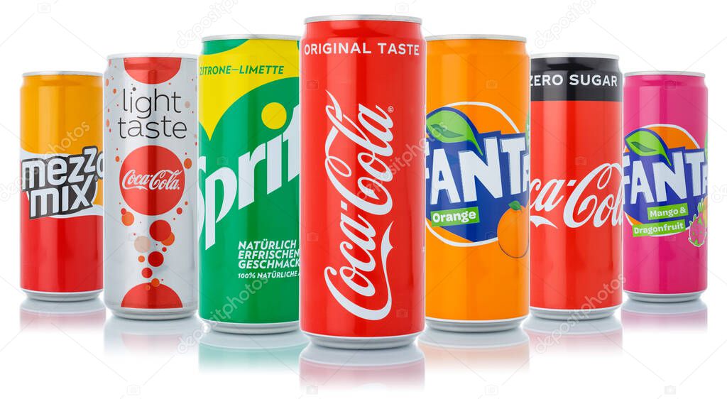 Stuttgart, Germany - January 11, 2021 Coca Cola Coca-Cola Fanta Sprite products lemonade soft drinks in cans isolated on a white background in Stuttgart in Germany.