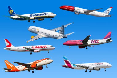 Frankfurt, Almanya - 7 Nisan 2020 Avrupa 'dan Düşük Maliyetli Uçaklar Ryanair Eurowings Easyjet Lauda.