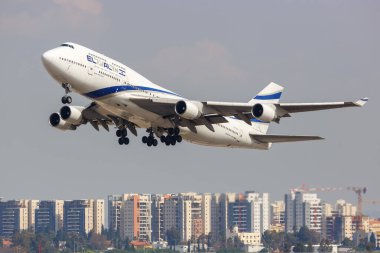 Tel Aviv, Israel - February 24, 2019 El Al Israel Airlines Boeing 747-400 airplane at Tel Aviv airport (TLV) in Israel. Boeing is an American aircraft manufacturer headquartered in Chicago. clipart