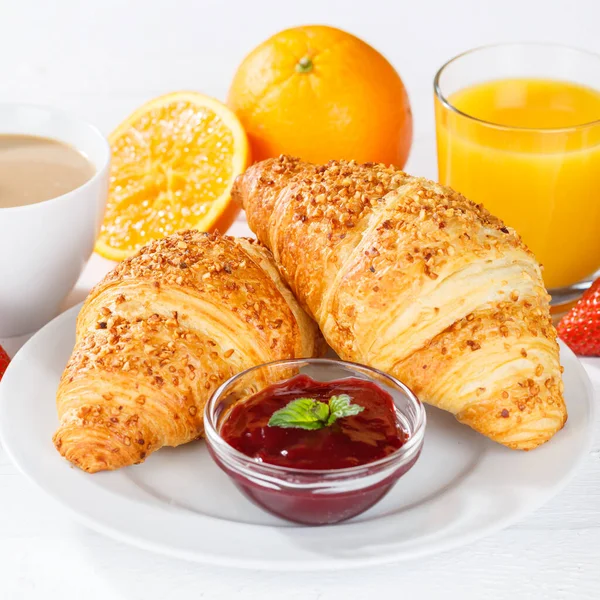 Croissant Breakfast Croissants Orange Juice Coffee Food Hotel Buffet Jam — Stock Photo, Image