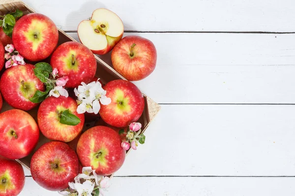 Manzanas Frutas Manzana Roja Caja Frutas Tablero Madera Copyspace Espacio —  Fotos de Stock