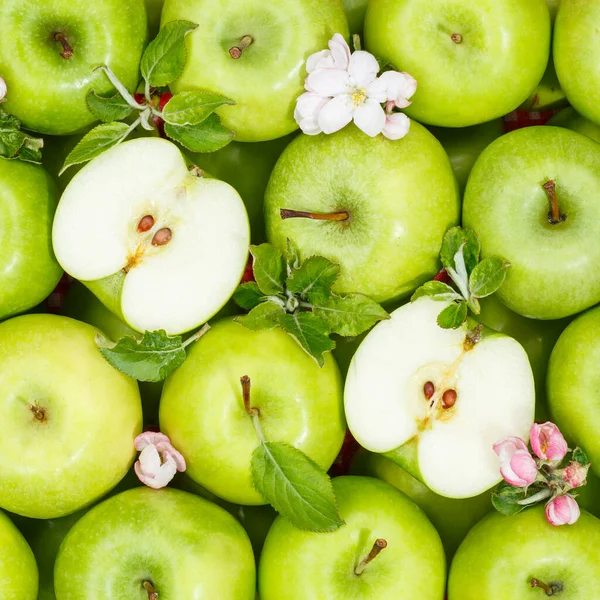 Μήλα Φρούτα Πράσινο Μήλο Φρούτα Τετράγωνο Φόντο Φύλλα Και Άνθη — Φωτογραφία Αρχείου