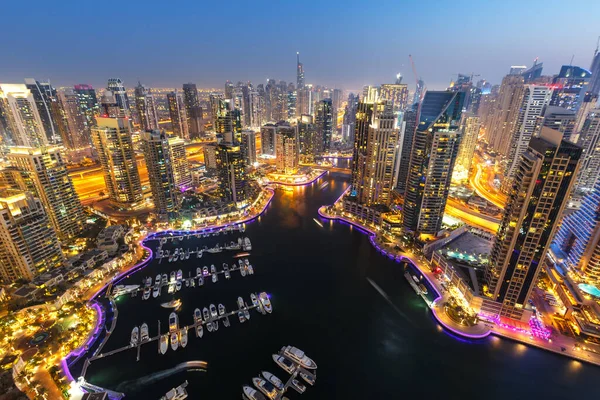 Dubai Marina Panorama Architektura Stavby Cestovní Přehled Noci Soumrak Shora — Stock fotografie