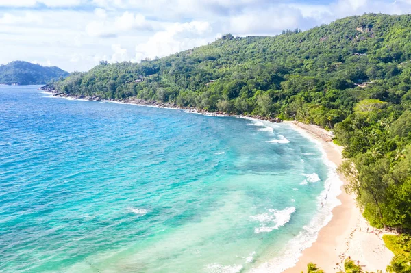 Seychelles Takamaka Playa Mahe Isla Vacaciones Mar Océano Palmeras Drone — Foto de Stock