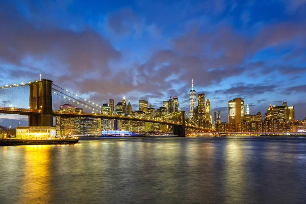 New York City Panorama Noc Manhattan Město Brooklyn Most World — Stock fotografie