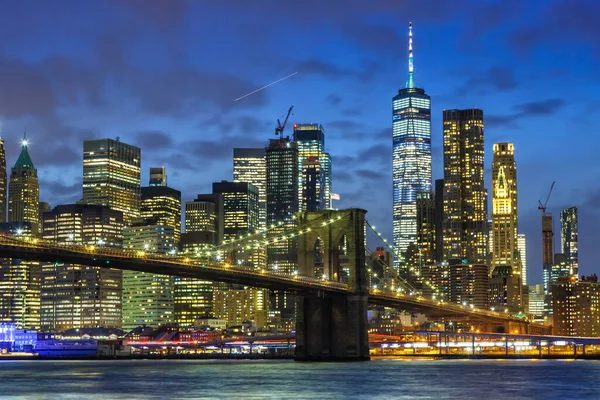 New York City Panorama Noc Manhattan Město Brooklyn Most World — Stock fotografie