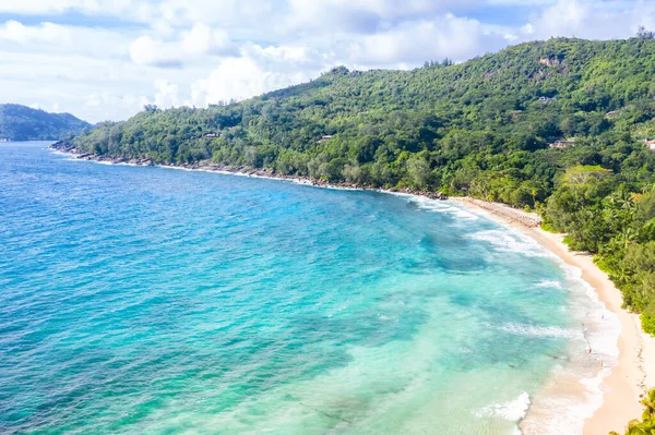 Seychelles Takamaka Playa Mahe Isla Vacaciones Mar Océano Palmeras Drone — Foto de Stock