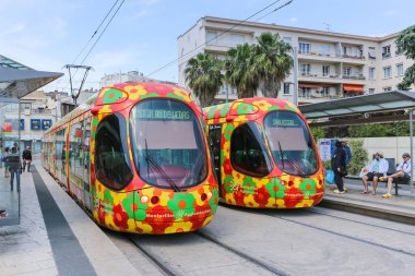 Montpellier, Fransa - 24 Mayıs 2015 Montpellier tramvay taşımacılığı Montpellier, Fransa.