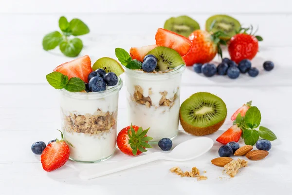Strawberry Yogurt Fruit Breakfast Spoon Healthy Eating Yoghurt Food Wooden — Stock Photo, Image