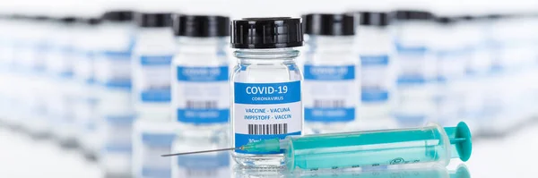 Bouteille Vaccin Contre Coronavirus Seringue Virus Corona Covid Bannière Vaccins — Photo