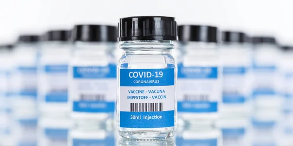 コロナウイルスワクチンボトルコロナウイルスCovid 19コヴィドワクチンバナーボトル — ストック写真