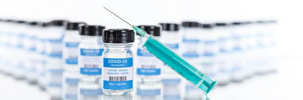 Coronavirus Vaccine Bottle Corona Virus Syringe Covid Covid Vaccines Banner — Stock Photo, Image