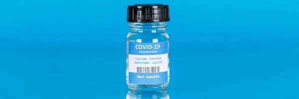 Coronavirus疫苗瓶Corona病毒Covid Covid疫苗横幅复制宇宙瓶 — 图库照片