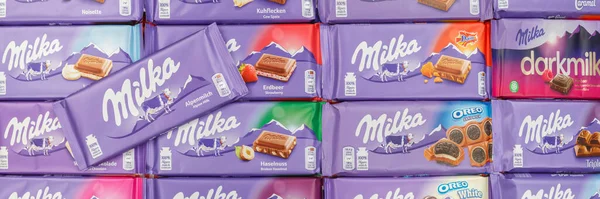 Στουτγάρδη Γερμανία Μαρτίου 2021 Σοκολάτα Milka Σοκολάτες Διαφορετικού Τύπου Banner — Φωτογραφία Αρχείου