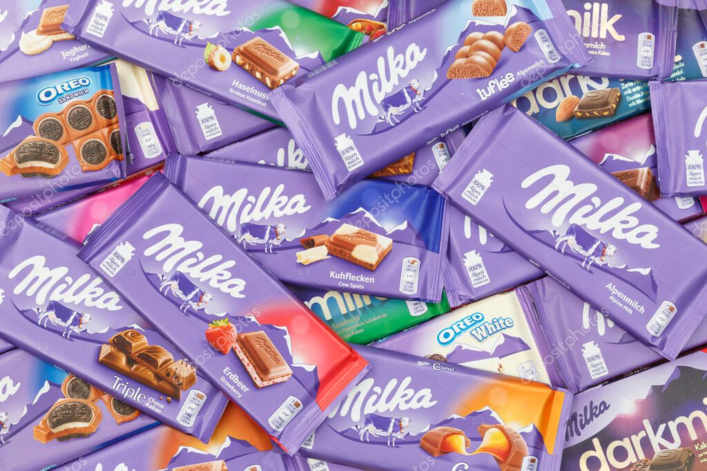 Stuttgart, Germany - March 3, 2021 Milka chocolate chocolates different types variety background in Germany.